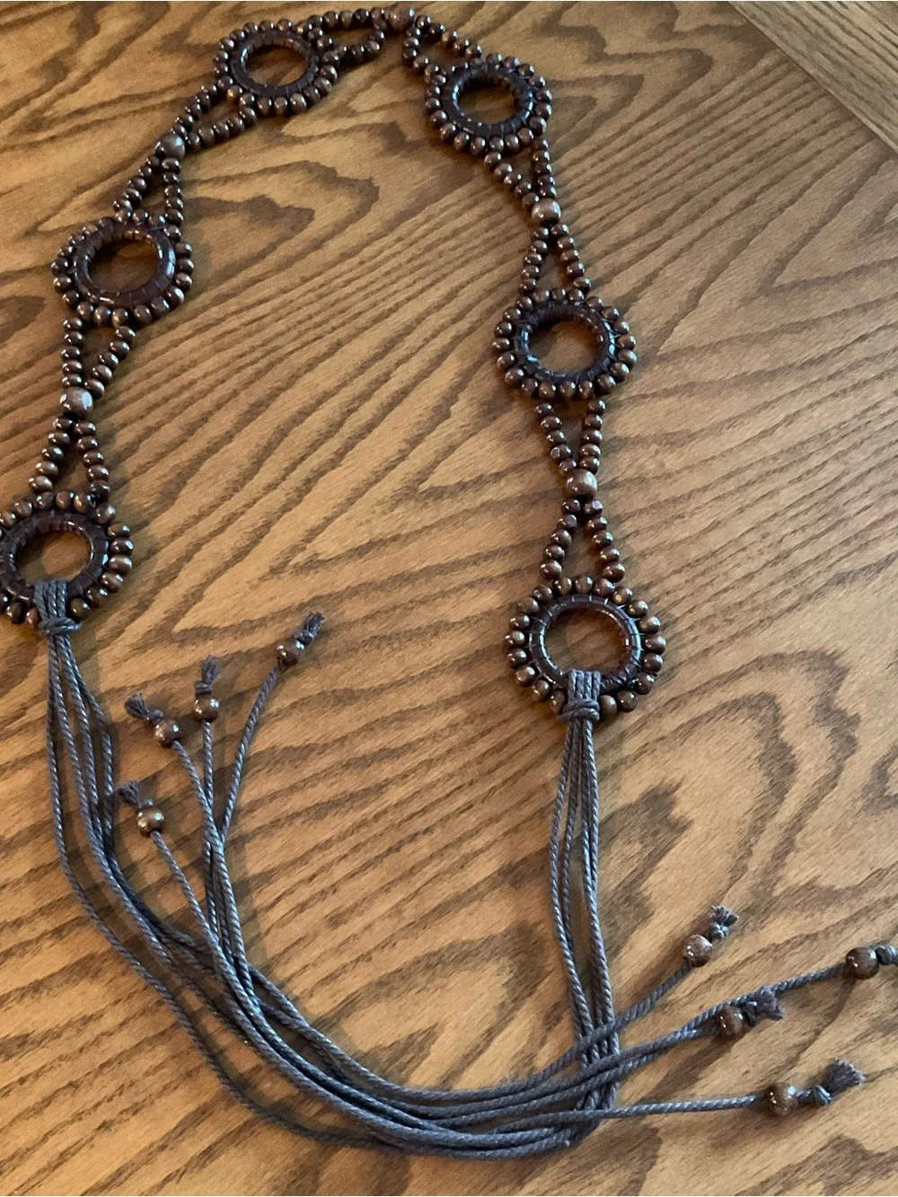 Vintage Boho Macrame Belt Wooden Bead Tassels; Boho Wooden Bead O-Ring Belt, 57”